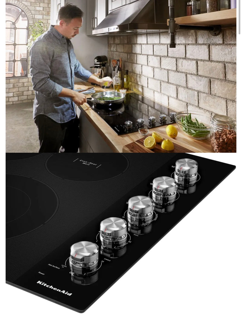 KitchenAid  KCES550HBL
30 Inch Electric Cooktop with 5 Elements, Glass Surface, Even-Heat™ Elements, Ultra Power™ Double-Ring Element, Hot Surface Indicator, Control Lock, Metal Control Knobs, and ADA Compliant: Black