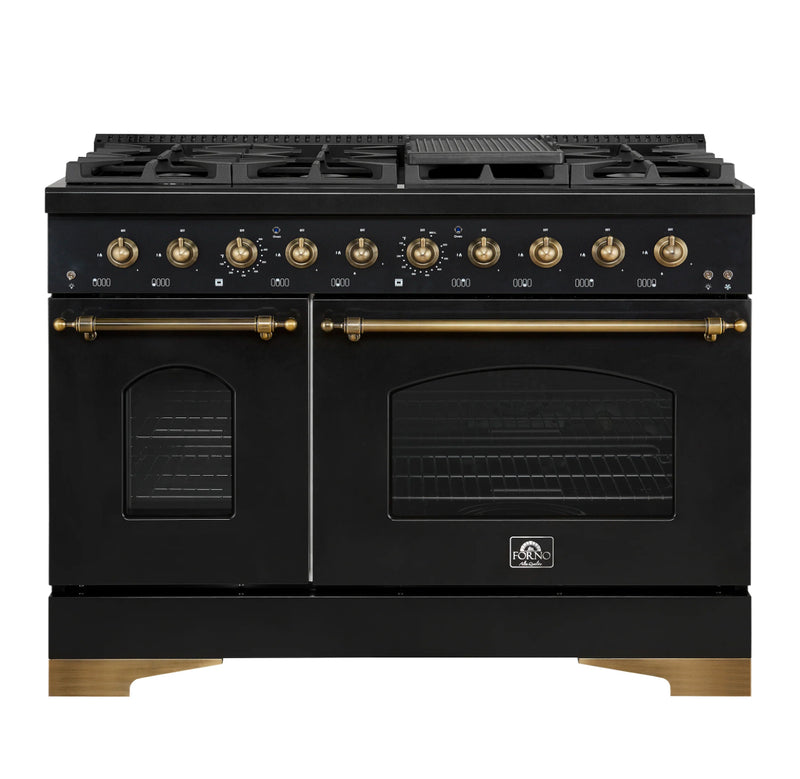 FORNO Espresso Antico 48" 5.5 cu. ft. Gas Range with 8 Sealed Burners and Griddle in Black with Antique Brass Accents, FFSGS6219-48