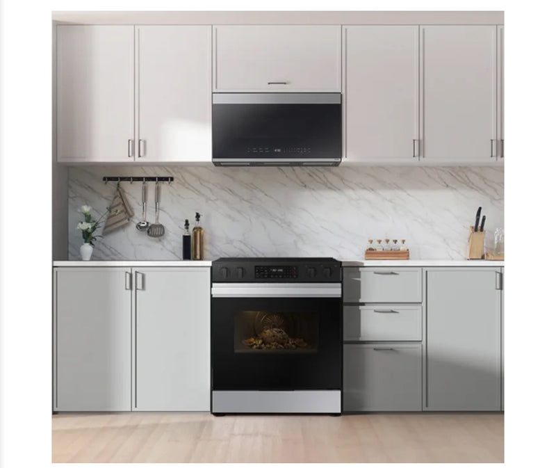 Samsung BESPOKE  NSE6DG8300SR
30 Inch Slide-In Electric Smart Range with 5 Elements, 6.3 cu. ft. Convection Oven, Warming Center, Storage Drawer, Air Fry, Self & Steam Clean, and ADA Compliant: Stainless Steel