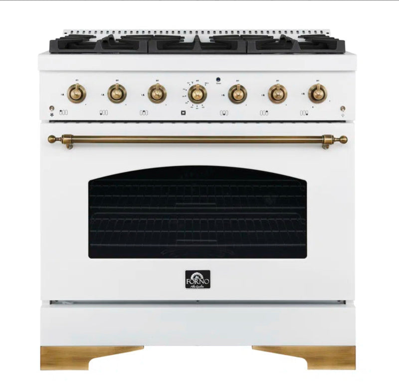 FORNO Espresso Antico 36" 4.5 cu. ft. Gas Range with 6 Sealed Burners in White with Antique Brass Accents, FFSGS6219-36