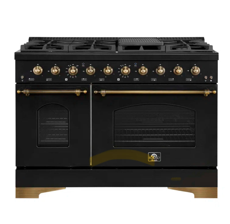 FORNO Espresso Antico 48" 5.5 cu. ft. Gas Range with 8 Sealed Burners and Griddle in Black with Antique Brass Accents, FFSGS6219-48