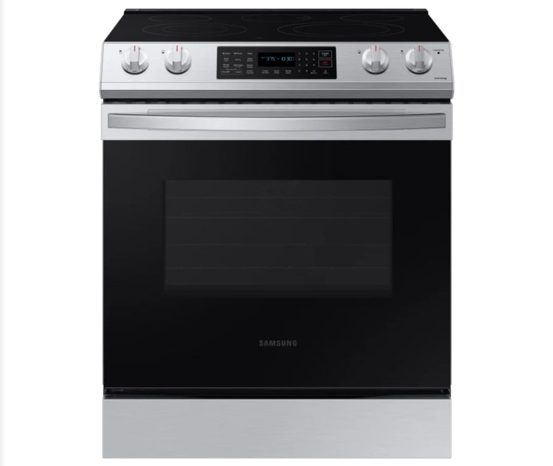 Samsung  NE63BG8315SS
30 Inch Slide-In Smart Electric Range with 5 Radiant Element Cooktop, 6.3 Cu. Ft. Oven Capacity, Storage Drawer, Air Fry, Self + Steam Clean, Convection, Bread Proof, WiFi, Sabbath Mode, CSA Certified, Star-K Certified, and ADA Compl