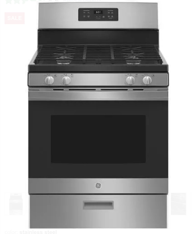 GE  JGBS61RPSS
30 Inch Freestanding Gas Range with 4 Sealed Burners, 4.8 cu. ft. Oven Capacity, Broiler Drawer, Continuous Grates, Manual Clean, Simmer Burner, Sabbath Mode and OU/CRC Certified: Stainless Steel