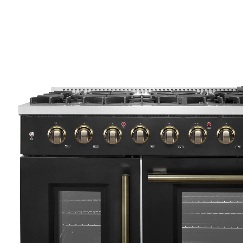 FORNO Galiano 48" 6.58 cu. ft. French Door Gas Range with 8 Sealed Burners and Griddle in Black with Antique Brass Accents, FFSGS6444-48BLK