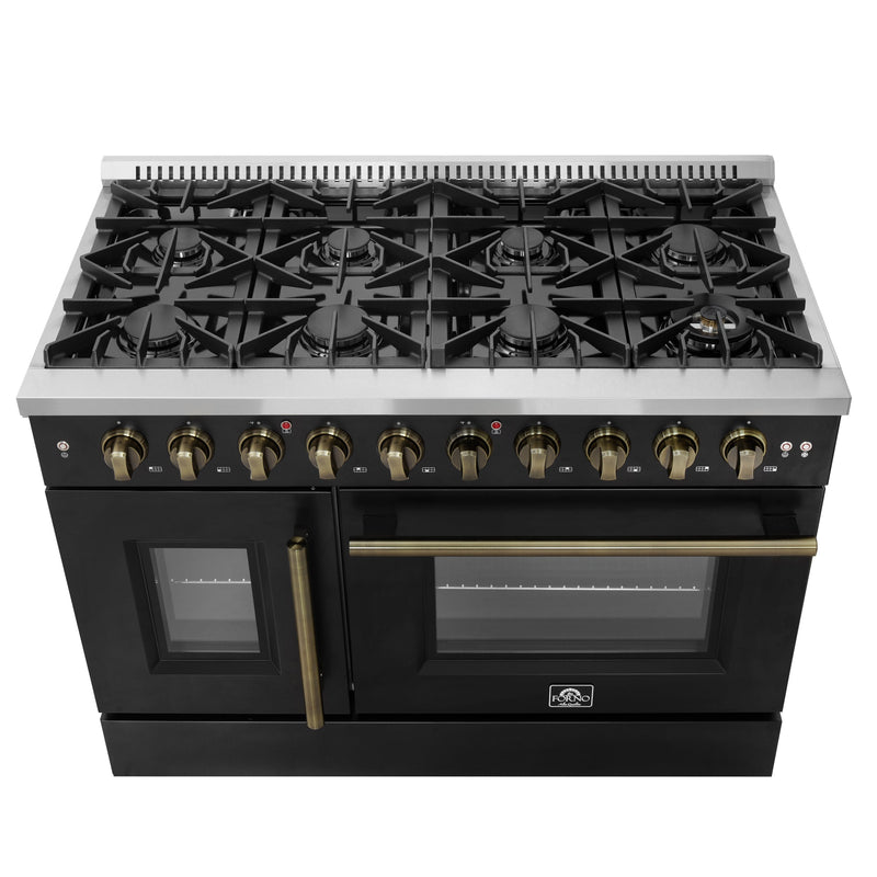 FORNO Galiano 48" 6.58 cu. ft. French Door Gas Range with 8 Sealed Burners and Griddle in Black with Antique Brass Accents, FFSGS6444-48BLK