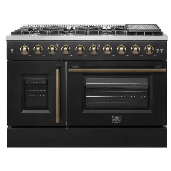 FORNO Galiano 48" 6.58 cu. ft. French Door Gas Range with 8 Sealed Burners and Griddle in Black with Antique Brass Accents, FFSGS6444-48BLK
