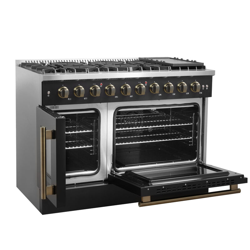 FORNO Galiano 48" 6.58 cu. ft. French Door Gas Range with 8 Sealed Burners and Griddle in Black with Antique Brass Accents, FFSGS6444-48BLK