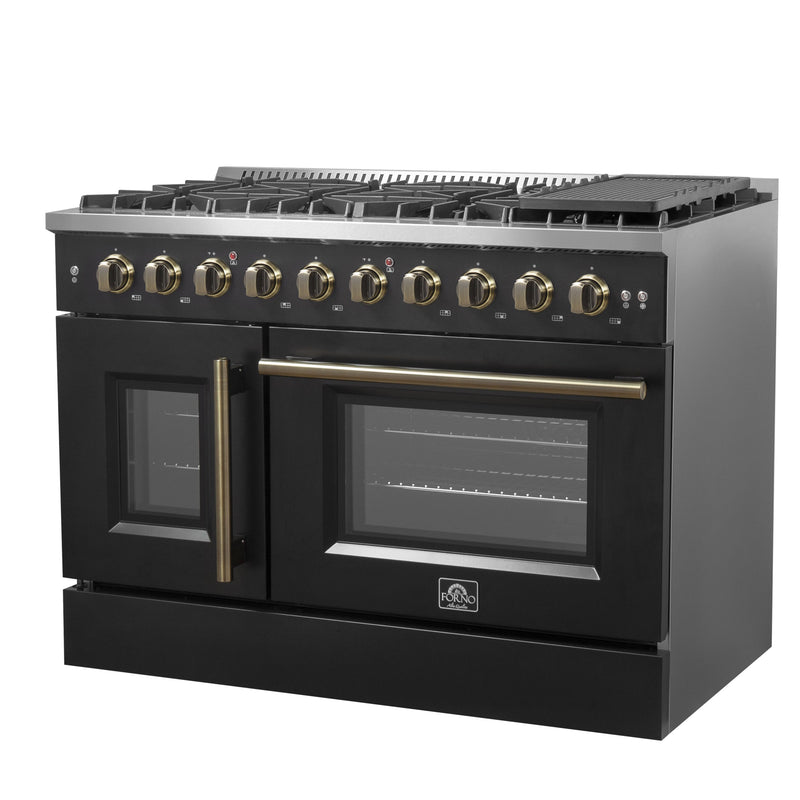 FORNO Galiano 48" 6.58 cu. ft. French Door Gas Range with 8 Sealed Burners and Griddle in Black with Antique Brass Accents, FFSGS6444-48BLK