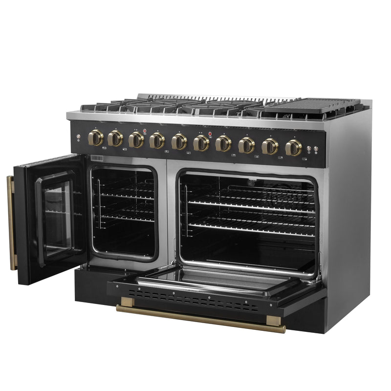 FORNO Galiano 48" 6.58 cu. ft. French Door Gas Range with 8 Sealed Burners and Griddle in Black with Antique Brass Accents, FFSGS6444-48BLK
