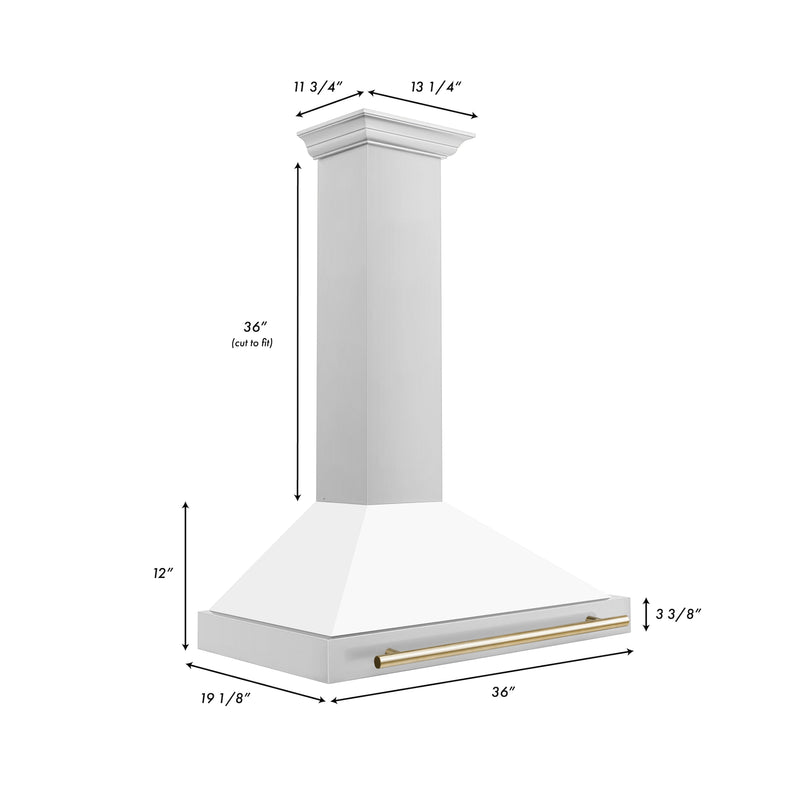 ZLINE 36 Inch Autograph Edition Stainless Steel Range Hood with a Matte White Shell and Gold Handle, KB4STZ-WM36-G