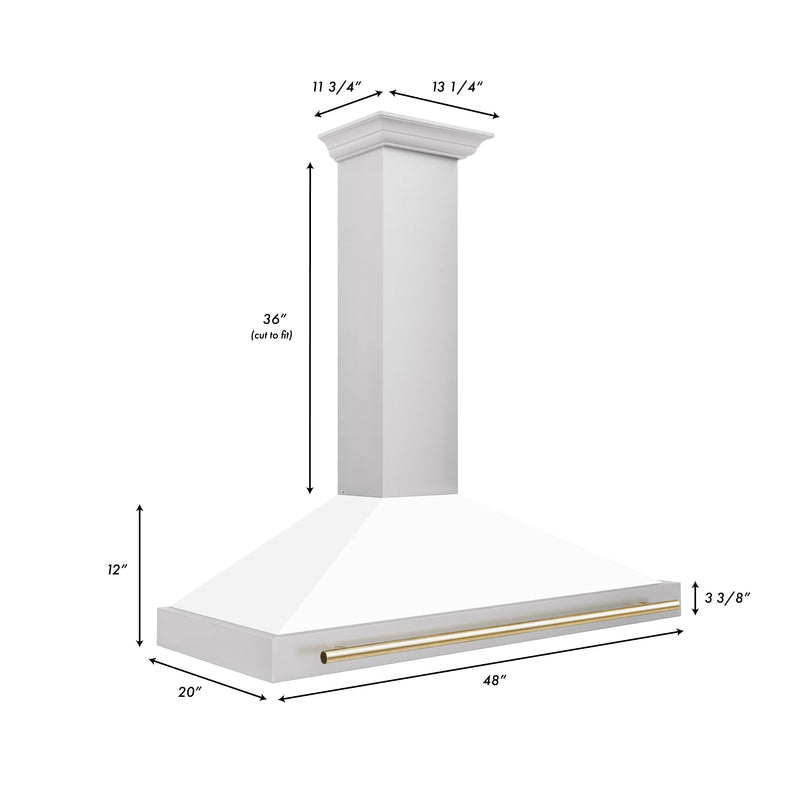 ZLINE 48 Inch Autograph Edition Stainless Steel Range Hood with White Matte Shell and Gold Handle, KB4STZ-WM48-G