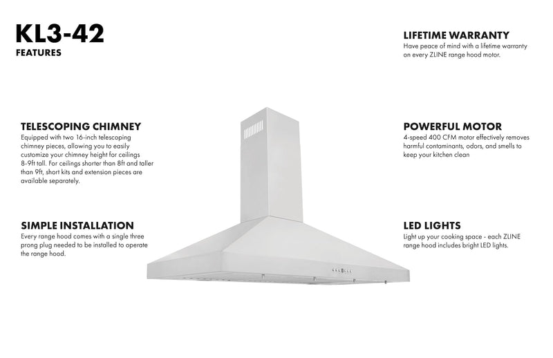 ZLINE 42 in. Convertible Vent Wall Mount Range Hood in Stainless Steel, KL3-42