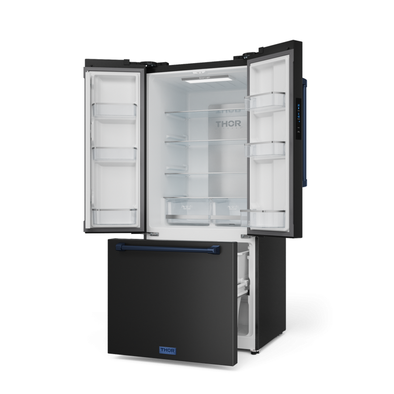 Gordon Ramsay by THOR Kitchen 30" 17.5 cu. ft. French Door Counter Depth Refrigerator with Ice Maker in Matte Black with Navy Blue Accents, RF3017FFD00-BLU