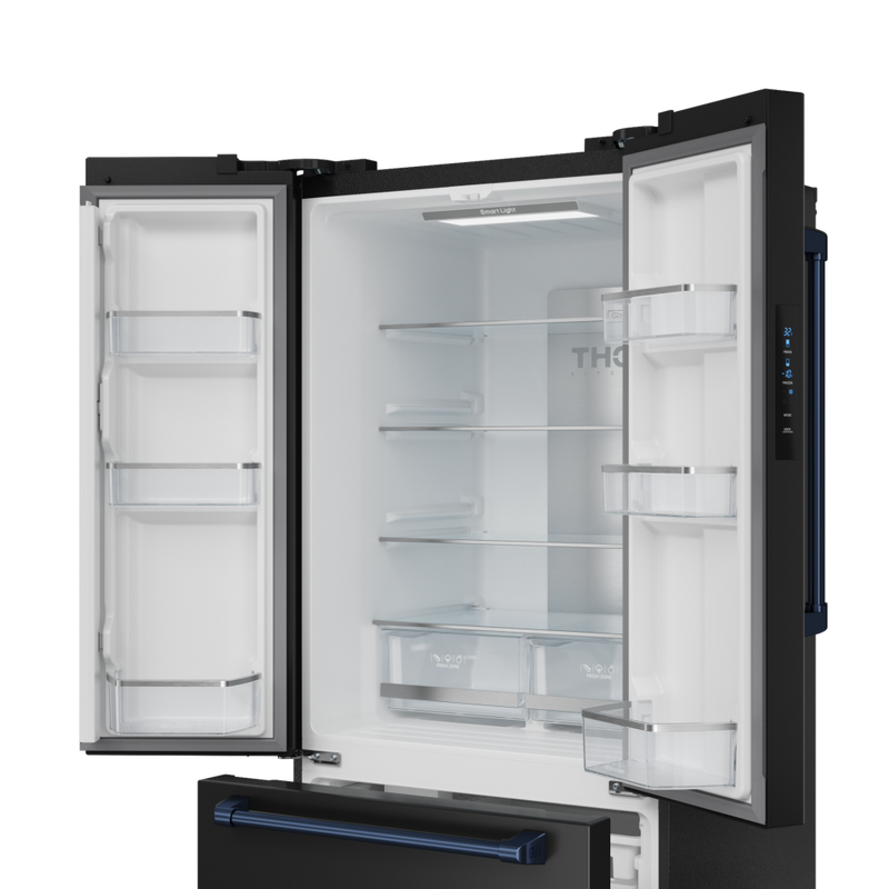 Gordon Ramsay by THOR Kitchen 30" 17.5 cu. ft. French Door Counter Depth Refrigerator with Ice Maker in Matte Black with Navy Blue Accents, RF3017FFD00-BLU
