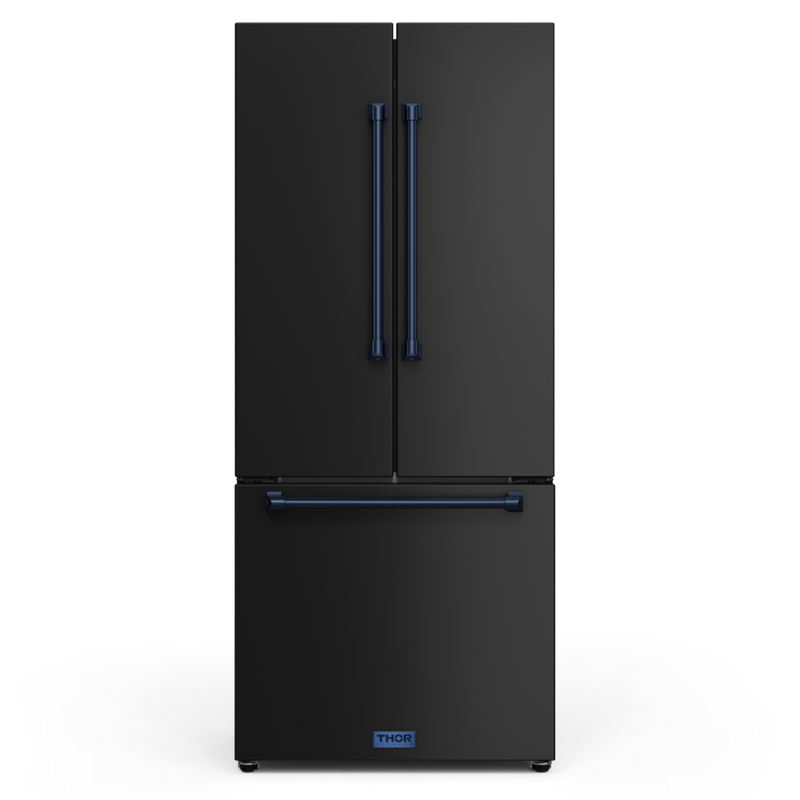 Gordon Ramsay by THOR Kitchen 30" 17.5 cu. ft. French Door Counter Depth Refrigerator with Ice Maker in Matte Black with Navy Blue Accents, RF3017FFD00-BLU