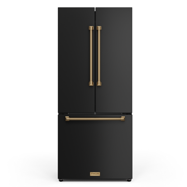 Gordon Ramsay by THOR Kitchen 30" 17.5 cu. ft. French Door Counter Depth Refrigerator with Ice Maker in Matte Black with Bronze Accents, RF3017FFD00-BRZ