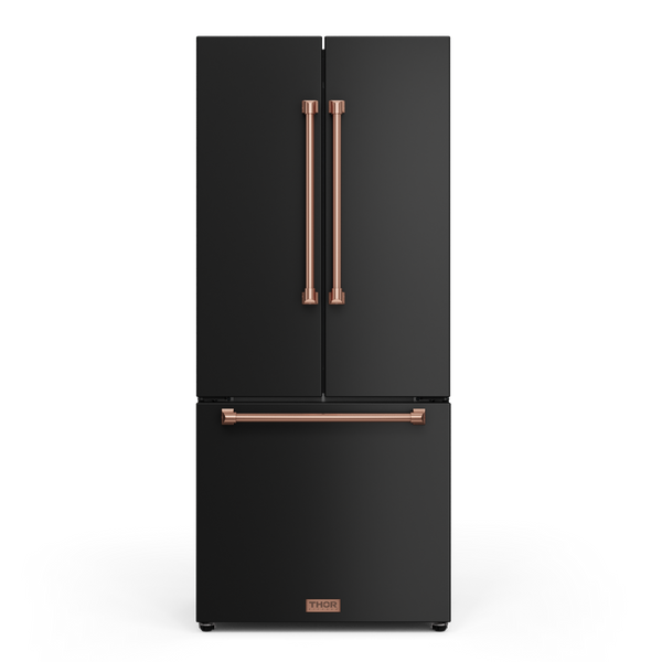 Gordon Ramsay by THOR Kitchen 30" 17.5 cu. ft. French Door Counter Depth Refrigerator with Ice Maker in Matte Black with Rose Gold Accents, RF3017FFD00-RSG