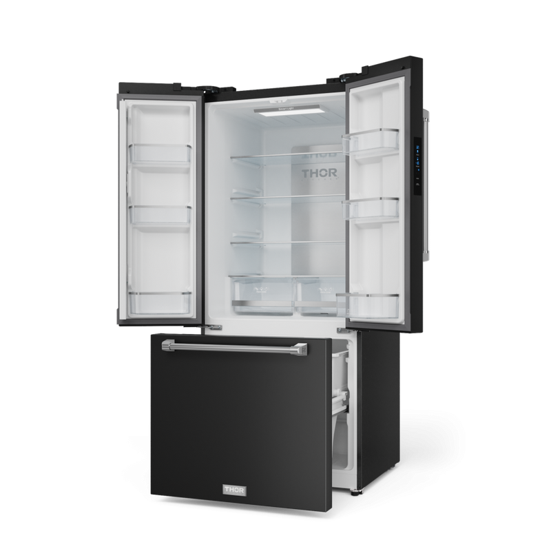 Gordon Ramsay by THOR Kitchen 30" 17.5 cu. ft. French Door Counter Depth Refrigerator with Ice Maker in Matte Black with Stainless Steel Accents, RF3017FFD00-SS
