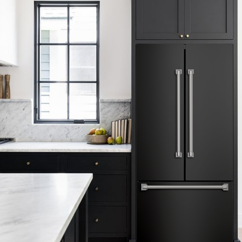 Gordon Ramsay by THOR Kitchen 30" 17.5 cu. ft. French Door Counter Depth Refrigerator with Ice Maker in Matte Black with Stainless Steel Accents, RF3017FFD00-SS