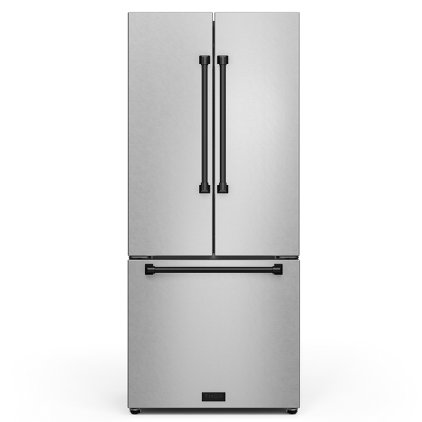 Gordon Ramsay by THOR Kitchen 30" 17.5 cu. ft. French Door Counter Depth Refrigerator with Ice Maker in Stainless Steel with Black Accents, RF3017FFD99-BLK