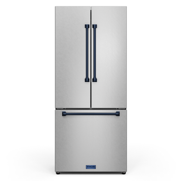 Gordon Ramsay by THOR Kitchen 30" 17.5 cu. ft. French Door Counter Depth Refrigerator with Ice Maker in Stainless Steel with Navy Blue Accents, RF3017FFD99-BLU