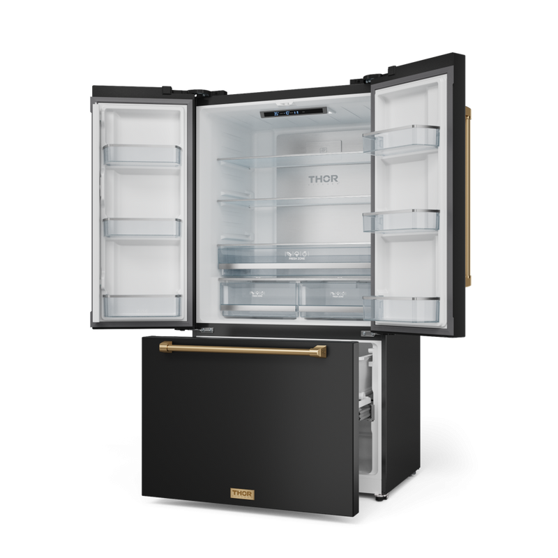 Gordon Ramsay by THOR Kitchen 36" 20.3 cu. ft. French Door Counter Depth Refrigerator with Ice Maker in Matte Black with Bronze Accents, RF3621CTD00-BRZ