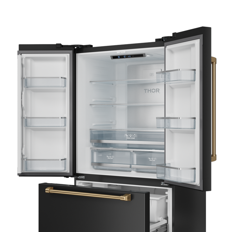 Gordon Ramsay by THOR Kitchen 36" 20.3 cu. ft. French Door Counter Depth Refrigerator with Ice Maker in Matte Black with Bronze Accents, RF3621CTD00-BRZ