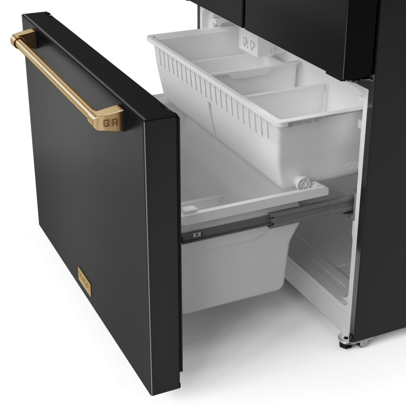 Gordon Ramsay by THOR Kitchen 36" 20.3 cu. ft. French Door Counter Depth Refrigerator with Ice Maker in Matte Black with Bronze Accents, RF3621CTD00-BRZ