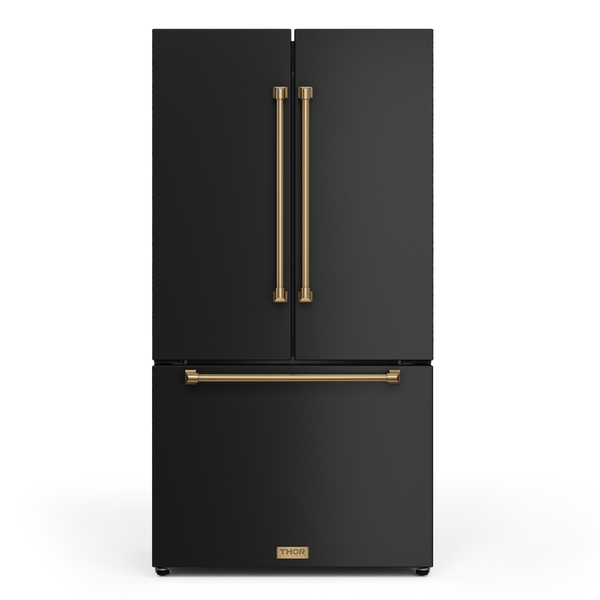 Gordon Ramsay by THOR Kitchen 36" 20.3 cu. ft. French Door Counter Depth Refrigerator with Ice Maker in Matte Black with Bronze Accents, RF3621CTD00-BRZ