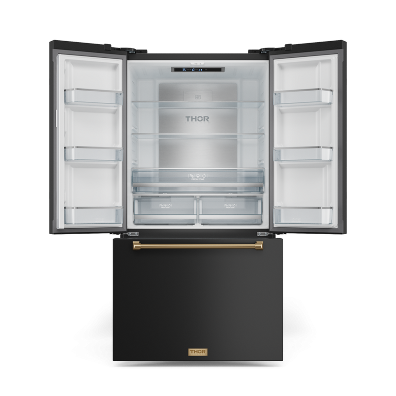 Gordon Ramsay by THOR Kitchen 36" 20.3 cu. ft. French Door Counter Depth Refrigerator with Ice Maker in Matte Black with Bronze Accents, RF3621CTD00-BRZ