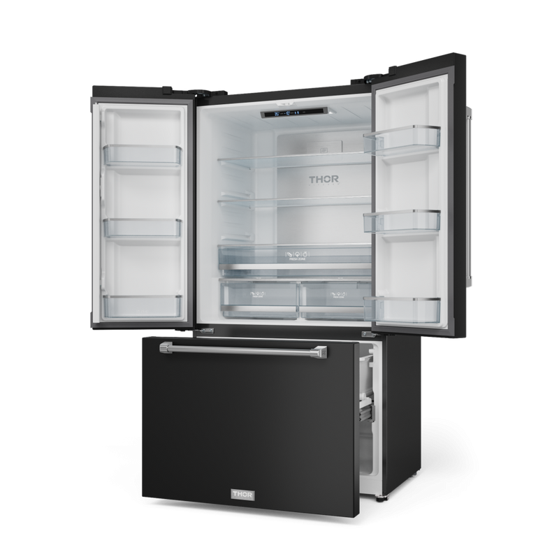 Gordon Ramsay by THOR Kitchen 36" 20.3 cu. ft. French Door Counter Depth Refrigerator with Ice Maker in Matte Black with Stainless Steel Accents, RF3621CTD00-SS