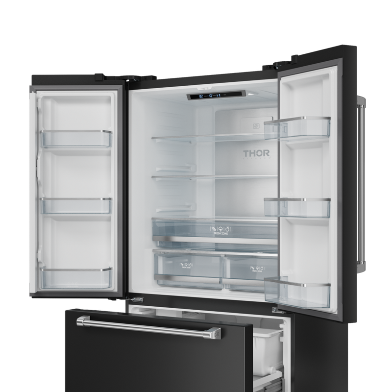 Gordon Ramsay by THOR Kitchen 36" 20.3 cu. ft. French Door Counter Depth Refrigerator with Ice Maker in Matte Black with Stainless Steel Accents, RF3621CTD00-SS