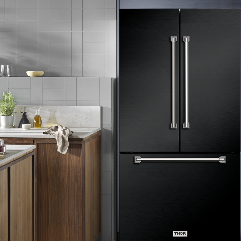Gordon Ramsay by THOR Kitchen 36" 20.3 cu. ft. French Door Counter Depth Refrigerator with Ice Maker in Matte Black with Stainless Steel Accents, RF3621CTD00-SS