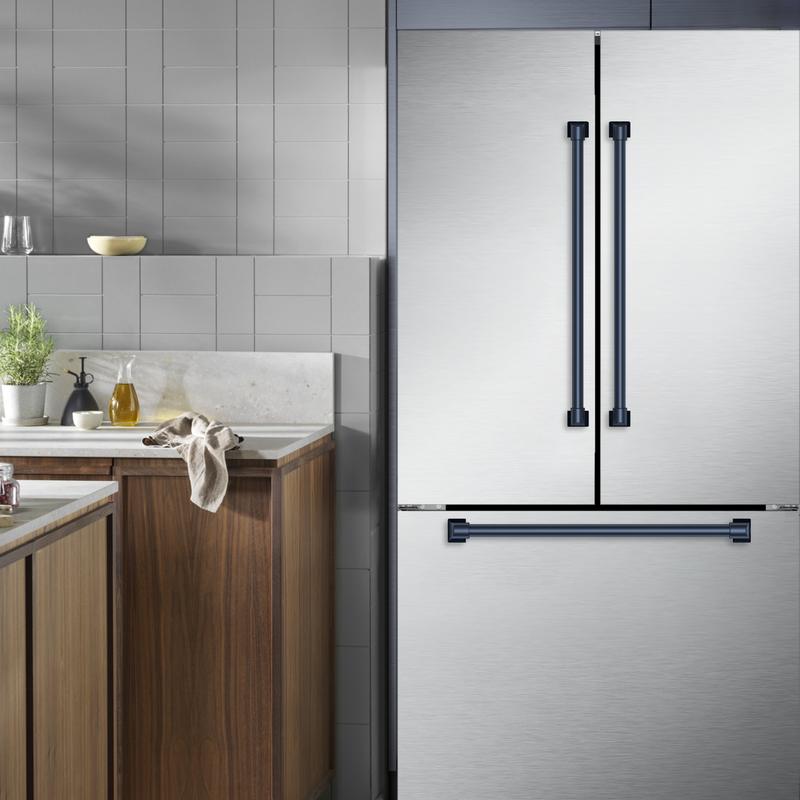 Gordon Ramsay by THOR Kitchen 36" 20.3 cu. ft. French Door Counter Depth Refrigerator with Ice Maker in Stainless Steel with Navy Blue Accents, RF3621CTD99-BLU