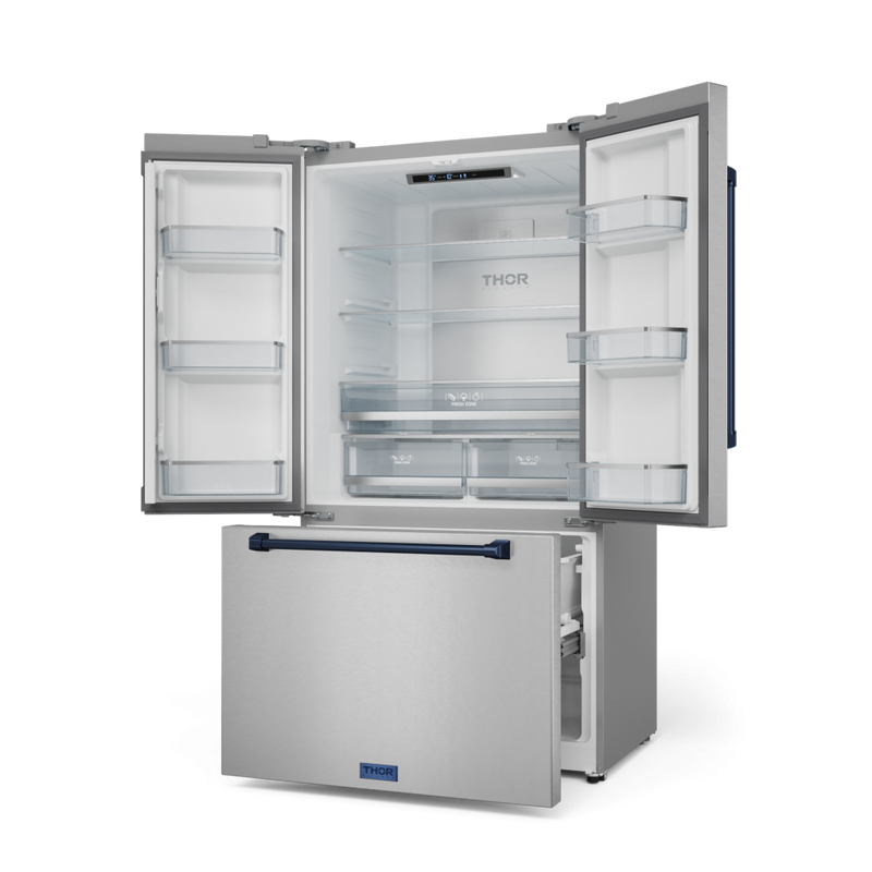 Gordon Ramsay by THOR Kitchen 36" 20.3 cu. ft. French Door Counter Depth Refrigerator with Ice Maker in Stainless Steel with Navy Blue Accents, RF3621CTD99-BLU