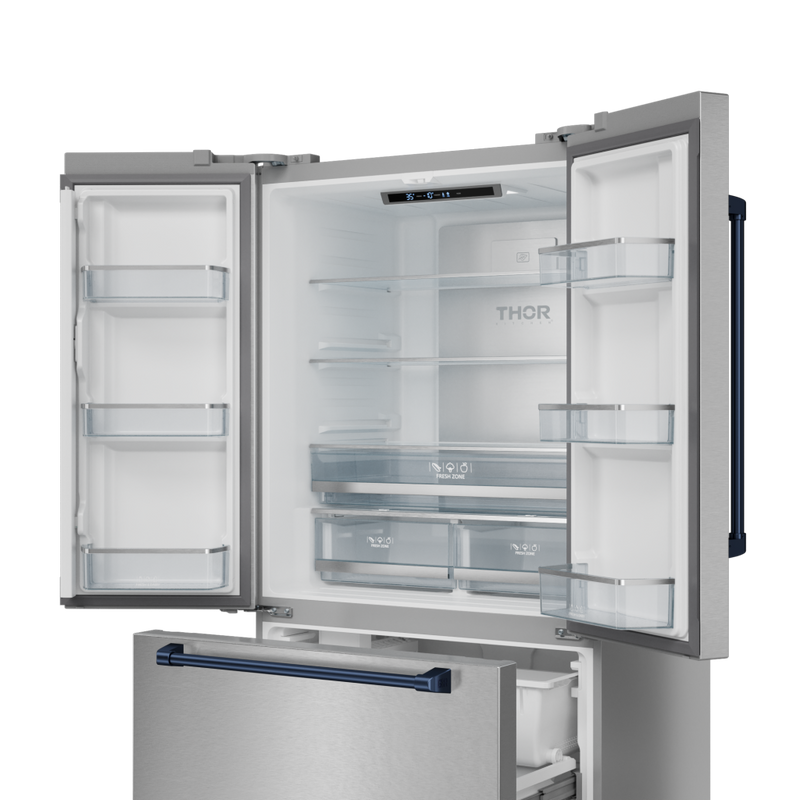 Gordon Ramsay by THOR Kitchen 36" 20.3 cu. ft. French Door Counter Depth Refrigerator with Ice Maker in Stainless Steel with Navy Blue Accents, RF3621CTD99-BLU