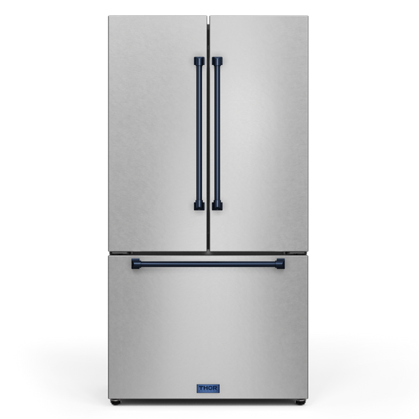 Gordon Ramsay by THOR Kitchen 36" 20.3 cu. ft. French Door Counter Depth Refrigerator with Ice Maker in Stainless Steel with Navy Blue Accents, RF3621CTD99-BLU