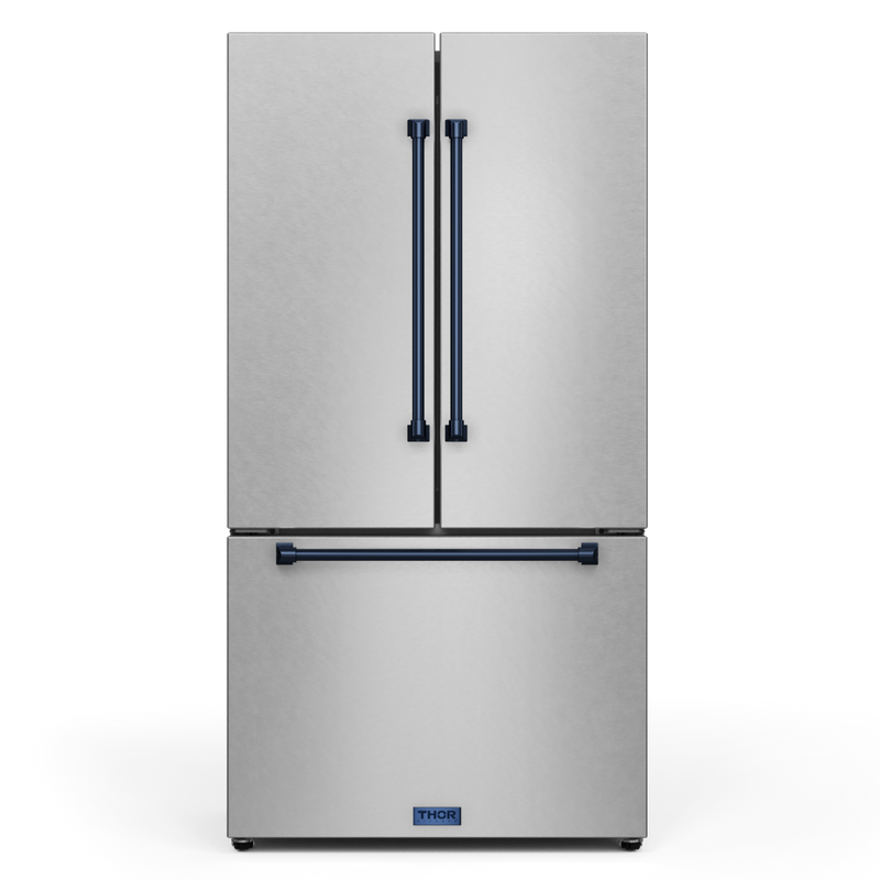 Gordon Ramsay by THOR Kitchen 36" 20.3 cu. ft. French Door Counter Depth Refrigerator with Ice Maker in Stainless Steel with Navy Blue Accents, RF3621CTD99-BLU