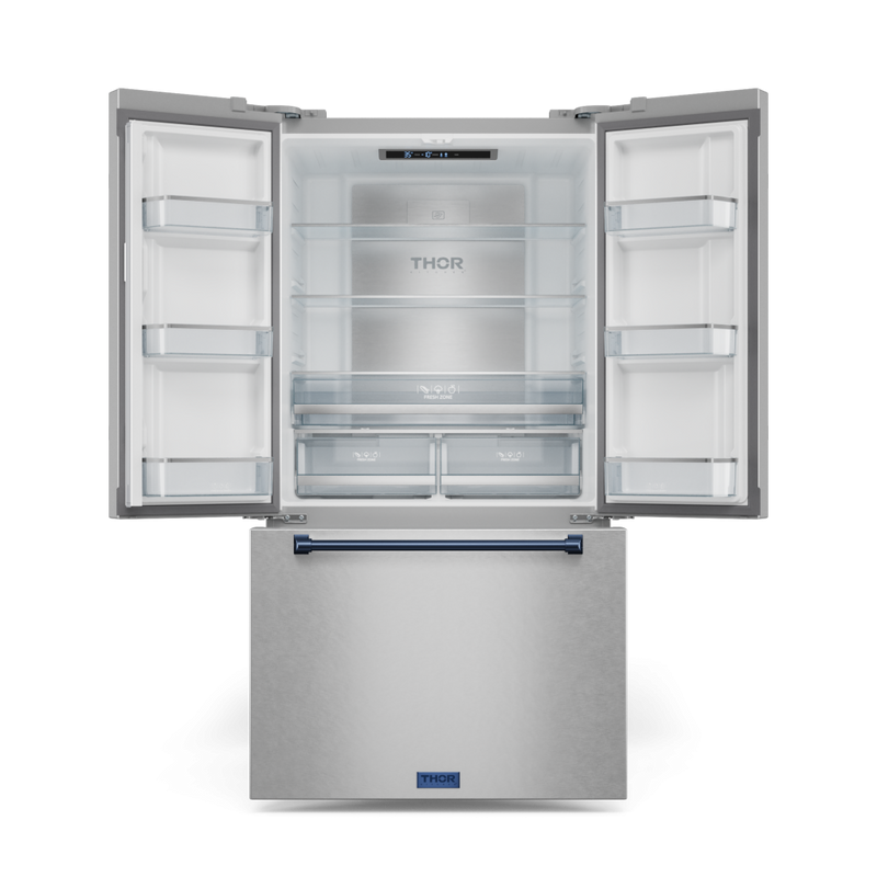 Gordon Ramsay by THOR Kitchen 36" 20.3 cu. ft. French Door Counter Depth Refrigerator with Ice Maker in Stainless Steel with Navy Blue Accents, RF3621CTD99-BLU