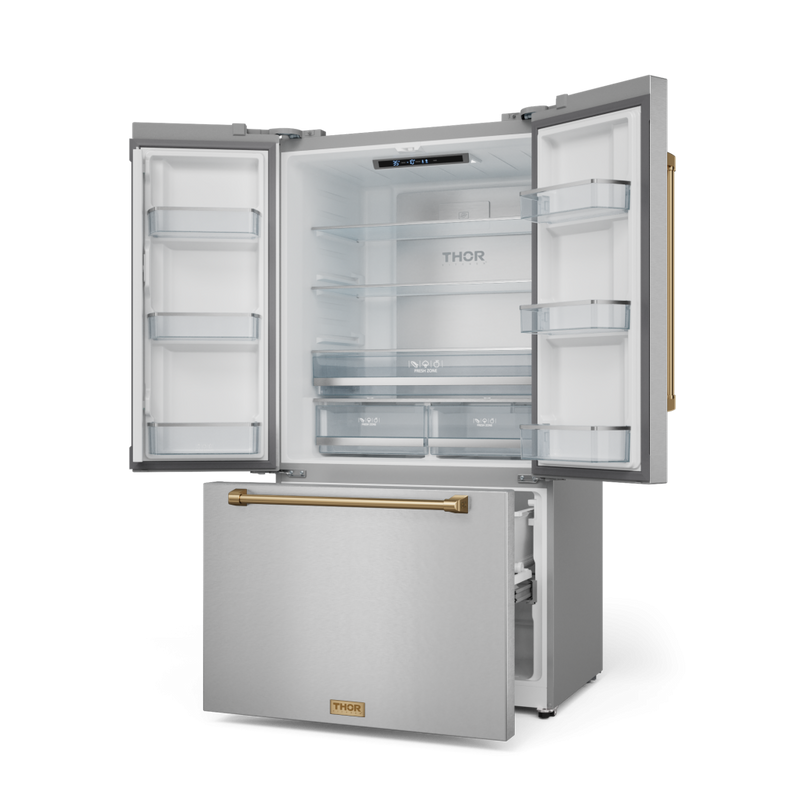 Gordon Ramsay by THOR Kitchen 36" 20.3 cu. ft. French Door Counter Depth Refrigerator with Ice Maker in Stainless Steel with Bronze Accents, RF3621CTD99-BRZ