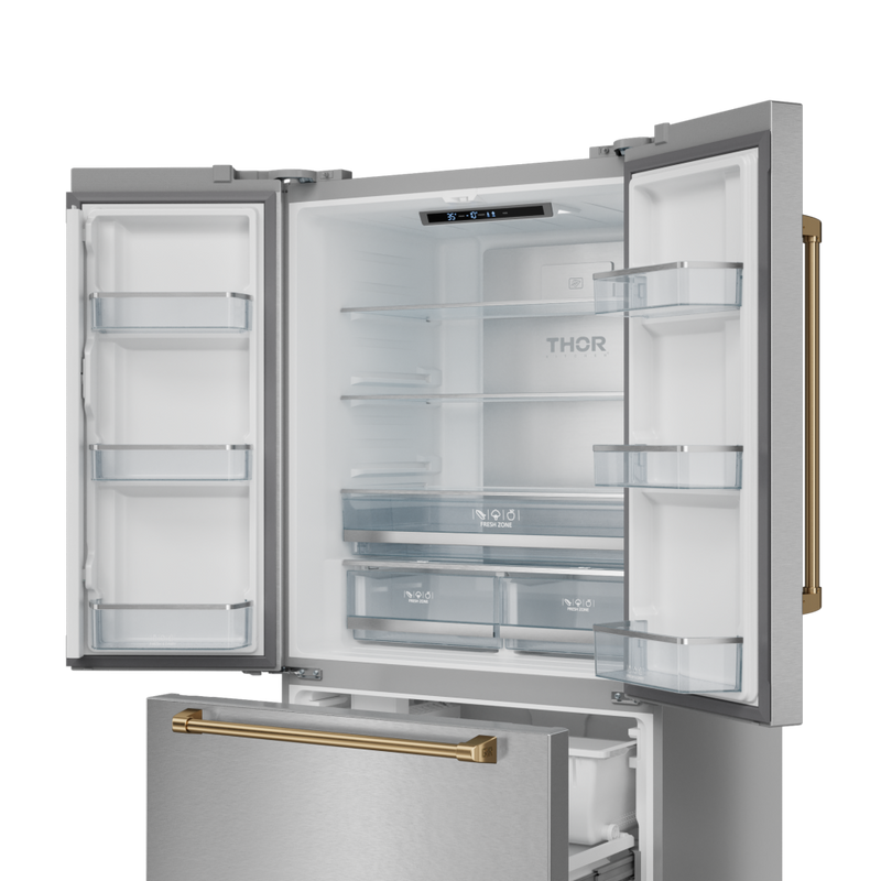 Gordon Ramsay by THOR Kitchen 36" 20.3 cu. ft. French Door Counter Depth Refrigerator with Ice Maker in Stainless Steel with Bronze Accents, RF3621CTD99-BRZ