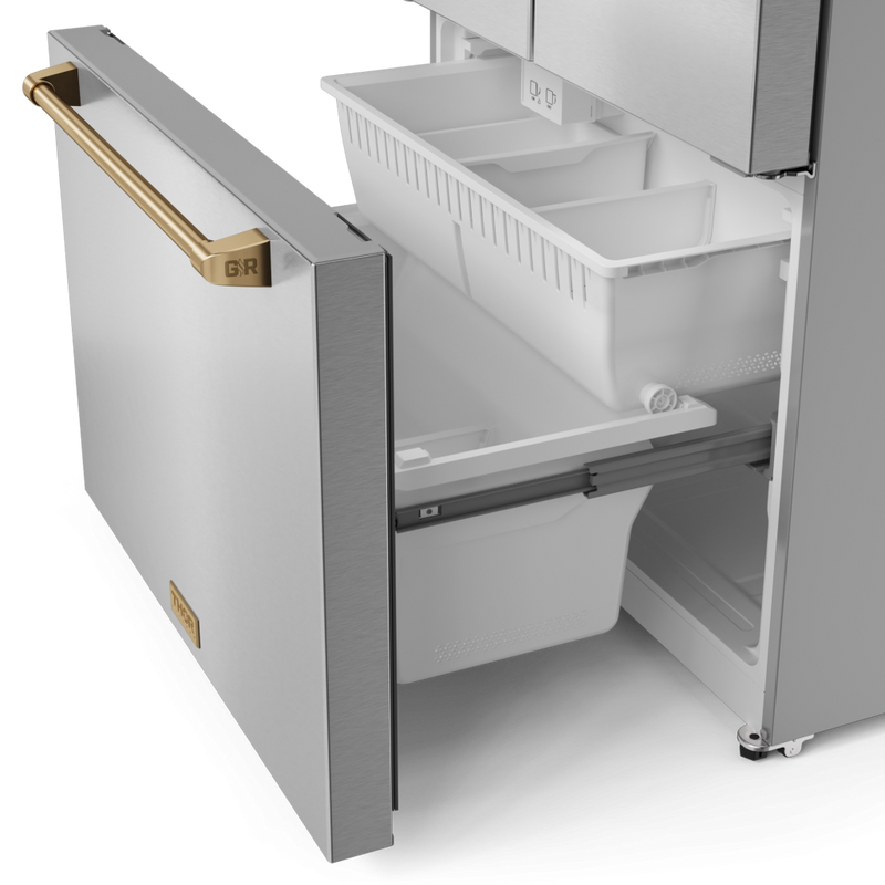 Gordon Ramsay by THOR Kitchen 36" 20.3 cu. ft. French Door Counter Depth Refrigerator with Ice Maker in Stainless Steel with Bronze Accents, RF3621CTD99-BRZ