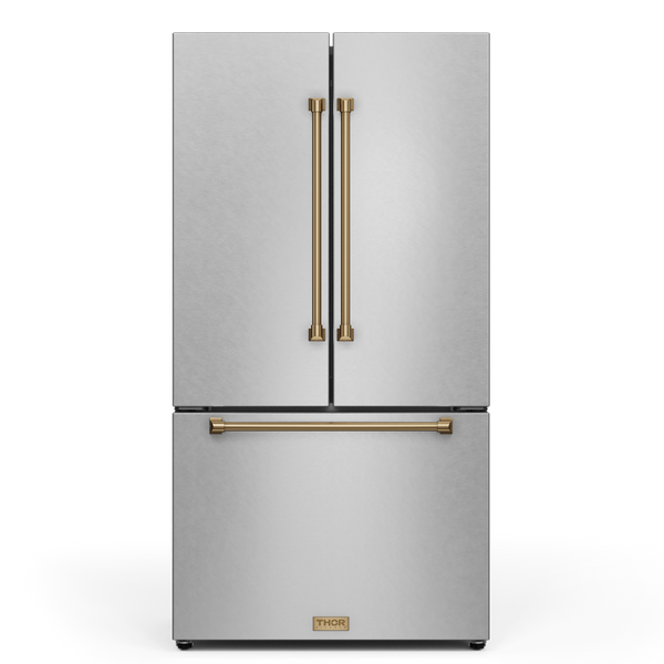Gordon Ramsay by THOR Kitchen 36" 20.3 cu. ft. French Door Counter Depth Refrigerator with Ice Maker in Stainless Steel with Bronze Accents, RF3621CTD99-BRZ