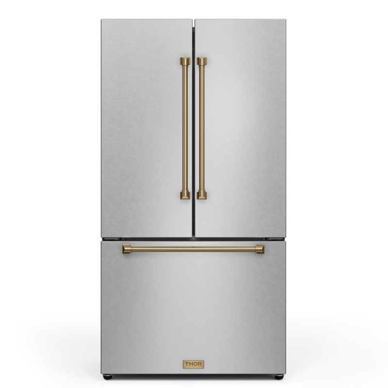 Gordon Ramsay by THOR Kitchen 36" 20.3 cu. ft. French Door Counter Depth Refrigerator with Ice Maker in Stainless Steel with Bronze Accents, RF3621CTD99-BRZ