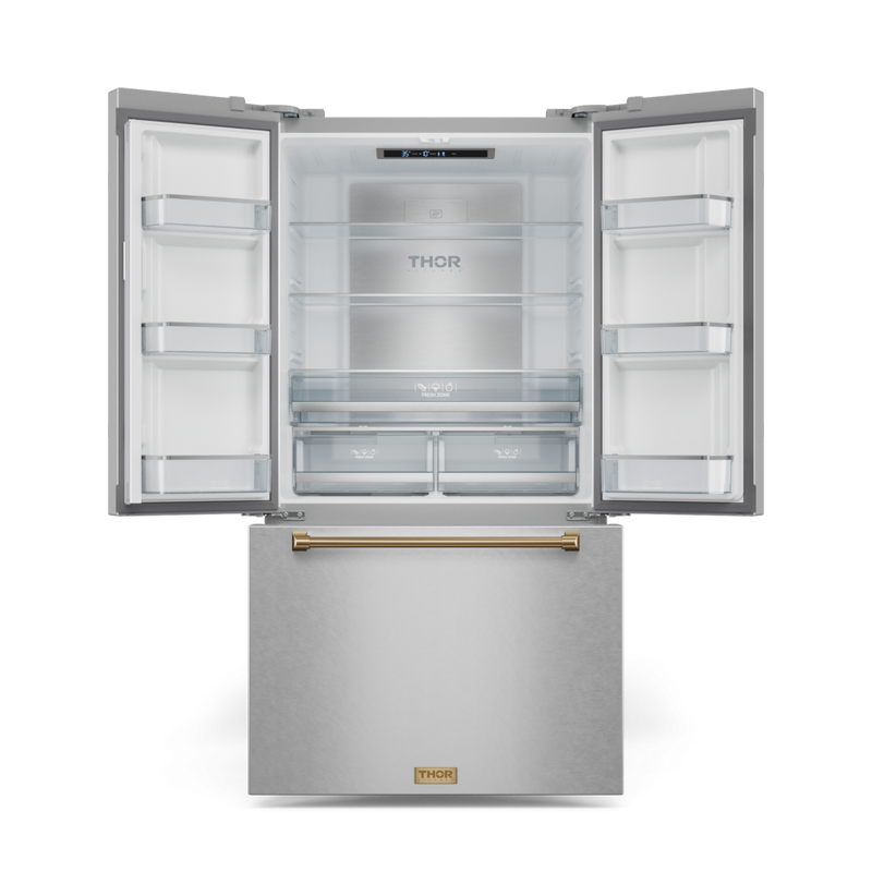 Gordon Ramsay by THOR Kitchen 36" 20.3 cu. ft. French Door Counter Depth Refrigerator with Ice Maker in Stainless Steel with Bronze Accents, RF3621CTD99-BRZ