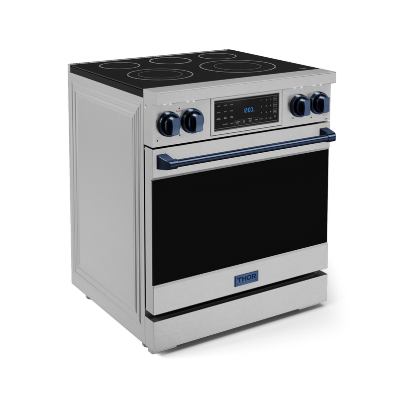 Gordon Ramsay by THOR Kitchen 30" 4.55 cu. ft. Professional Electric Range with Tilt Panel Touch Control, Self-Clean and Air Fry in Stainless Steel with Navy Blue Accents, RSE30-BLU