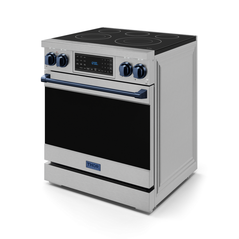 Gordon Ramsay by THOR Kitchen 30" 4.55 cu. ft. Professional Electric Range with Tilt Panel Touch Control, Self-Clean and Air Fry in Stainless Steel with Navy Blue Accents, RSE30-BLU