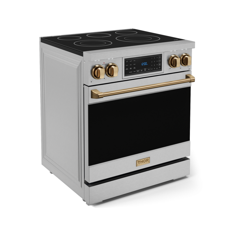 Gordon Ramsay by THOR Kitchen 30" 4.55 cu. ft. Professional Electric Range with Tilt Panel Touch Control, Self-Clean and Air Fry in Stainless Steel with Bronze Accents, RSE30-BRZ