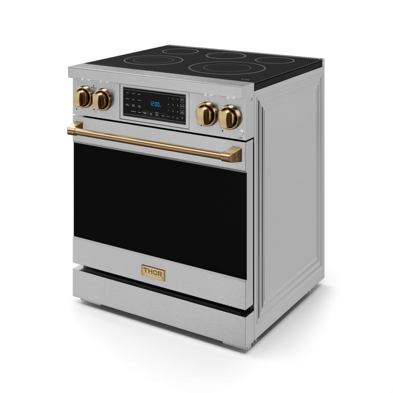 Gordon Ramsay by THOR Kitchen 30" 4.55 cu. ft. Professional Electric Range with Tilt Panel Touch Control, Self-Clean and Air Fry in Stainless Steel with Bronze Accents, RSE30-BRZ