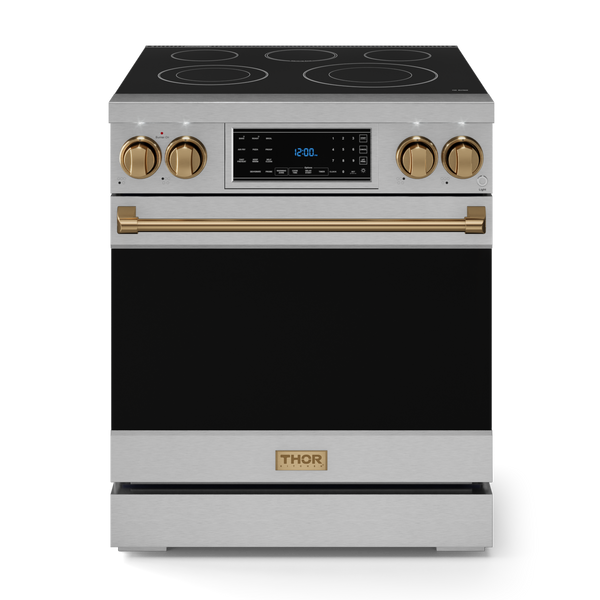 Gordon Ramsay by THOR Kitchen 30" 4.55 cu. ft. Professional Electric Range with Tilt Panel Touch Control, Self-Clean and Air Fry in Stainless Steel with Bronze Accents, RSE30-BRZ